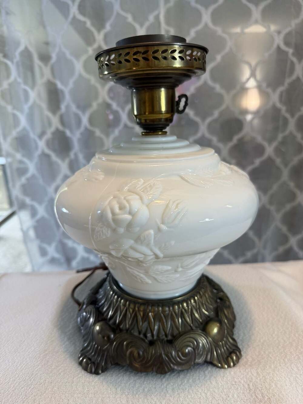 Vintage Milk Glass Hurricane Parlor Lamp - Picture 3 of 9